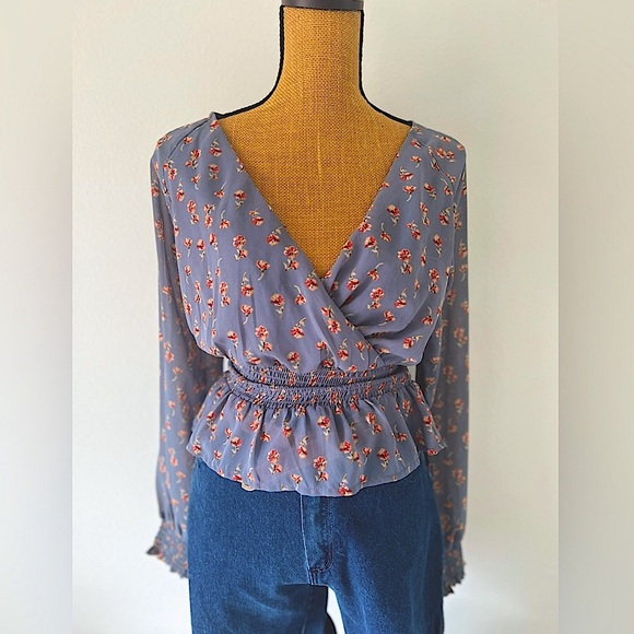 Japna Floral V Neck Shirt Smocked Waist Long Sleeve Womens Blouse - Picture 1 of 8